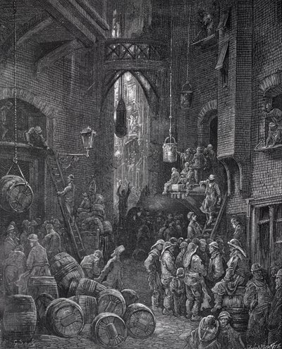 Riverside Street, "Lontoo, pyhiinvaellus", kirjoittanut William Blanchard Jerrold (1826-84), kaiverrus Charles Leplante (k.1903), pub. 1872 tekijältä Gustave Dore